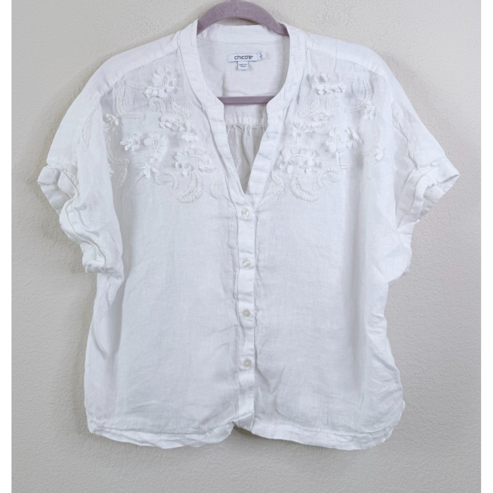 Chico's 100% Linen Embroidered Blouse L White Floral Beaded Short Sleeve Beachy